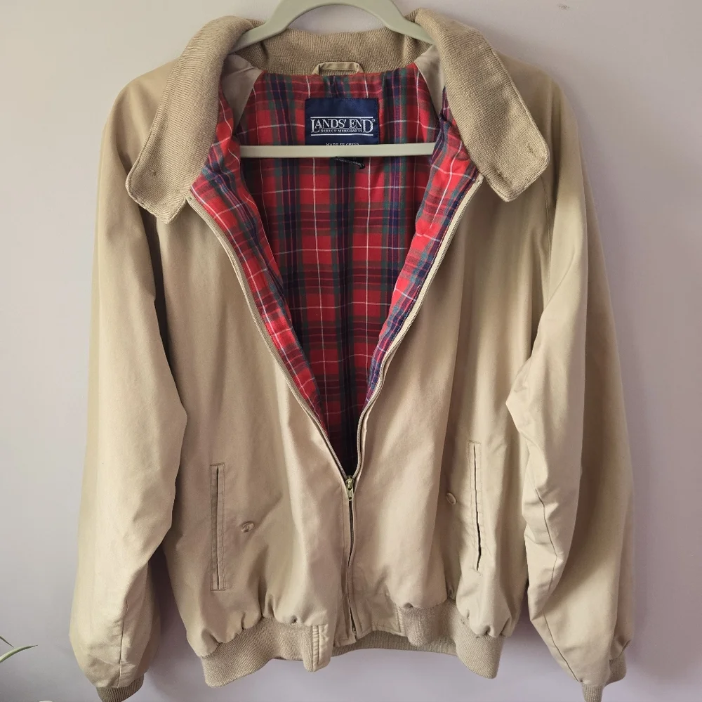 Vintage Lands' End Harrington Jacket XL Tall Tan Plaid Lined Full Zip Bomber - Picture 2 of 9